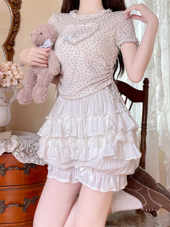 ピンクのロリータレイヤードフリルブルマーパンプキンショーツレース伸縮性ウエストロリータペティパンツ