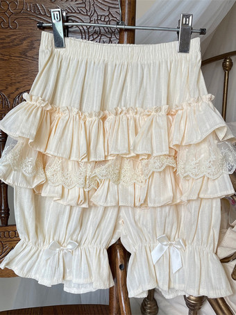 アイボリー ピンクのロリータレイヤードフリルブルマーパンプキンショーツレース伸縮性ウエストロリータペティパンツ