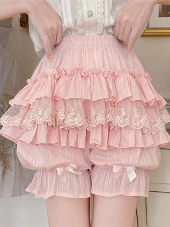 ピンクピンクのロリータレイヤードフリルブルマーパンプキンショーツレース伸縮性ウエストロリータペティパンツ