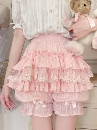 ピンクのロリータレイヤードフリルブルマーパンプキンショーツレース伸縮性ウエストロリータペティパンツ