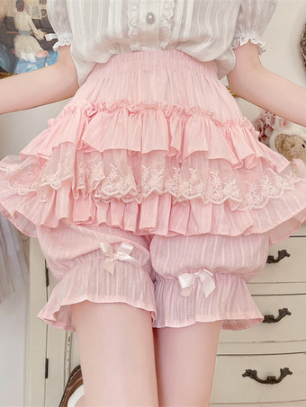 ピンクのロリータレイヤードフリルブルマーパンプキンショーツレース伸縮性ウエストロリータペティパンツ