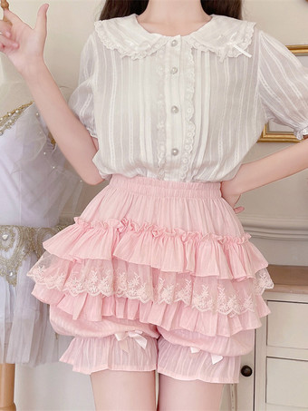 ピンクのロリータレイヤードフリルブルマーパンプキンショーツレース伸縮性ウエストロリータペティパンツ