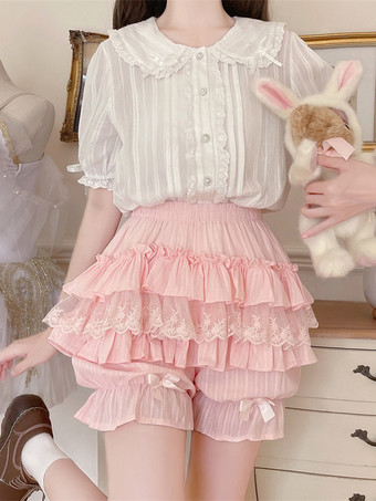 ピンクのロリータレイヤードフリルブルマーパンプキンショーツレース伸縮性ウエストロリータペティパンツ