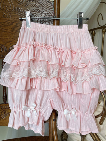 ピンクのロリータレイヤードフリルブルマーパンプキンショーツレース伸縮性ウエストロリータペティパンツ