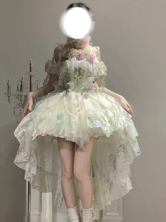 WeißFeen-Lolita-Kleider Lolita-Kleider mit weißen Blumenapplikationen Schleifen und Rüschen süßes Lolita-Kleid
