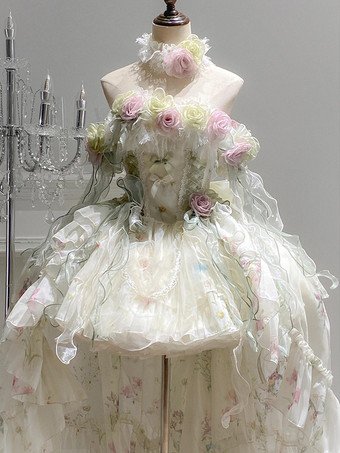 Feen-Lolita-Kleider Lolita-Kleider mit weißen Blumenapplikationen Schleifen und Rüschen süßes Lolita-Kleid