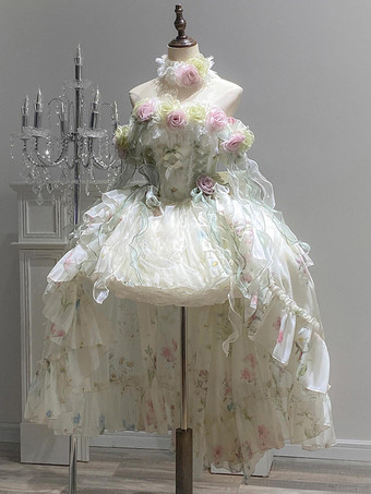 Feen-Lolita-Kleider Lolita-Kleider mit weißen Blumenapplikationen Schleifen und Rüschen süßes Lolita-Kleid