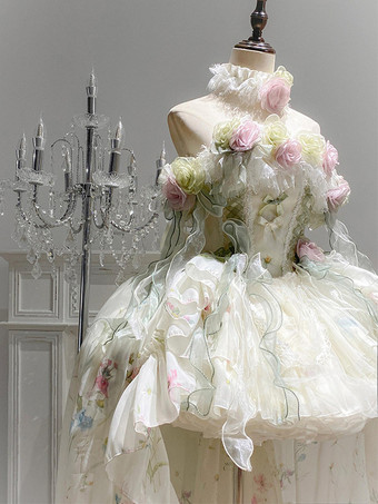 Feen-Lolita-Kleider Lolita-Kleider mit weißen Blumenapplikationen Schleifen und Rüschen süßes Lolita-Kleid