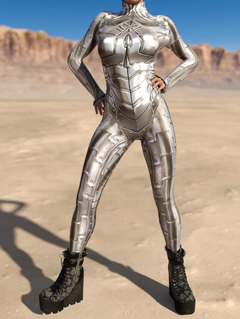 シルバー サイバーパンク ゼンタイ レディース ロボット 3Dプリント メタリック レディース ゼンタイ キャットスーツ