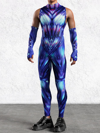 ブルー メンズ サイバーパンク ボディスーツ 錯覚 ロボットプリント メタリック キャットスーツ