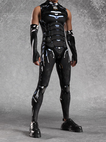 ダークグレー メンズ サイバーパンク ボディスーツ 錯覚 ロボットプリント メタリック キャットスーツ
