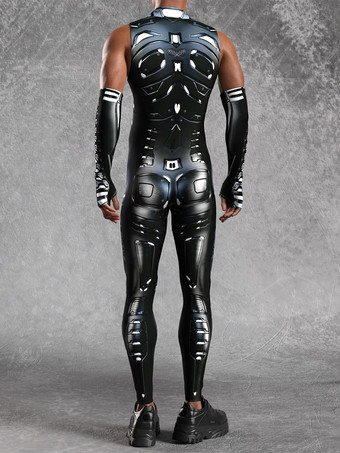 メンズ サイバーパンク ボディスーツ 錯覚 ロボットプリント メタリック キャットスーツ