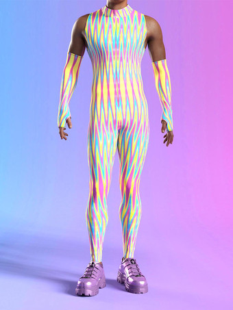 カラードメンズ サイバーパンク ボディスーツ 錯覚 ロボットプリント メタリック キャットスーツ