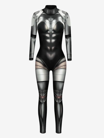 シルバー レディース ゼンタイ アーマープリント サイバーパンク 長袖 メタリック キャットスーツ コスチューム