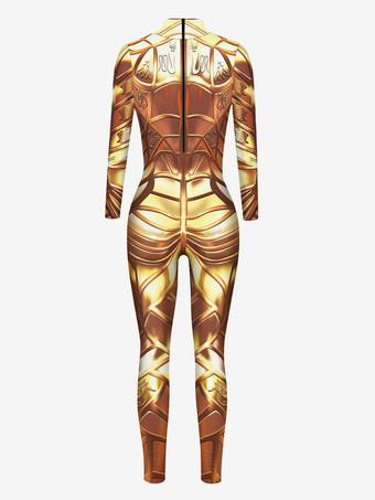 レディース ゼンタイ アーマープリント サイバーパンク 長袖 メタリック キャットスーツ コスチューム