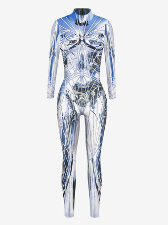 ブルー レディース ゼンタイ アーマープリント サイバーパンク 長袖 メタリック キャットスーツ コスチューム