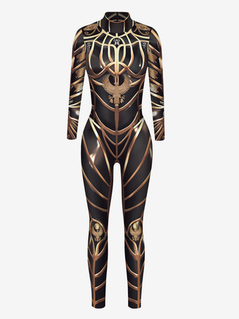 ライトゴールレディース ゼンタイ アーマープリント サイバーパンク 長袖 メタリック キャットスーツ コスチューム