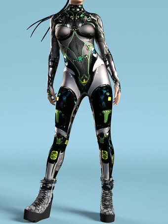 Schwarz - SilberSexy Damen-Jumpsuit Zentai mit Roboter-Print und Illusion-Tattoo-Design sexy Catsuit