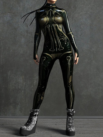 SchwarzSexy Damen-Jumpsuit Zentai mit Roboter-Print und Illusion-Tattoo-Design sexy Catsuit