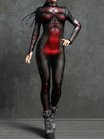 Schwarz - rotSexy Damen-Jumpsuit Zentai mit Roboter-Print und Illusion-Tattoo-Design sexy Catsuit