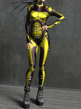 GelbSexy Damen-Jumpsuit Zentai mit Roboter-Print und Illusion-Tattoo-Design sexy Catsuit