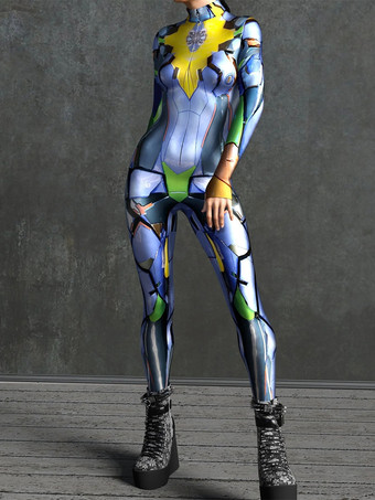 Blau Sexy Damen-Jumpsuit Zentai mit Roboter-Print und Illusion-Tattoo-Design sexy Catsuit
