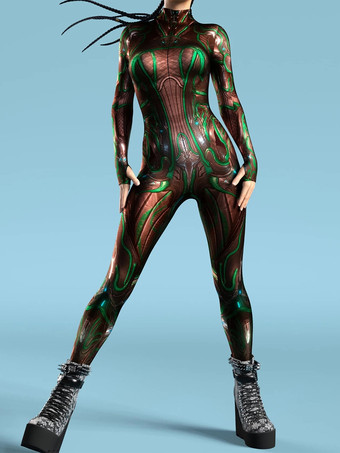 Grün Sexy Damen-Jumpsuit Zentai mit Roboter-Print und Illusion-Tattoo-Design sexy Catsuit
