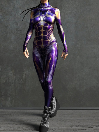 LilaSexy Damen-Jumpsuit Zentai mit Roboter-Print und Illusion-Tattoo-Design sexy Catsuit