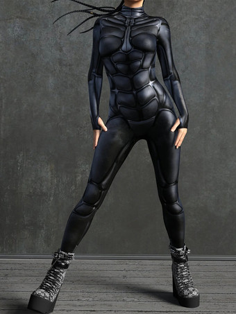 Dunkelgrau Sexy Damen-Jumpsuit Zentai mit Roboter-Print und Illusion-Tattoo-Design sexy Catsuit