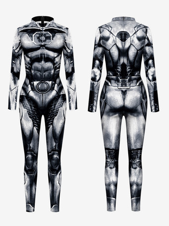 ブラックシルバーメンズ サイバーパンク ロボット イリュージョンプリント メタリック ヴェネツィア カーニバル スキンスーツ