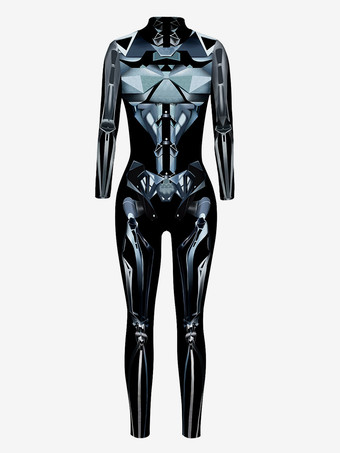 ブラック メンズ サイバーパンク ロボット イリュージョンプリント メタリック ヴェネツィア カーニバル スキンスーツ