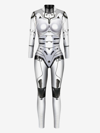 シルバー メンズ サイバーパンク ロボット イリュージョンプリント メタリック ヴェネツィア カーニバル スキンスーツ