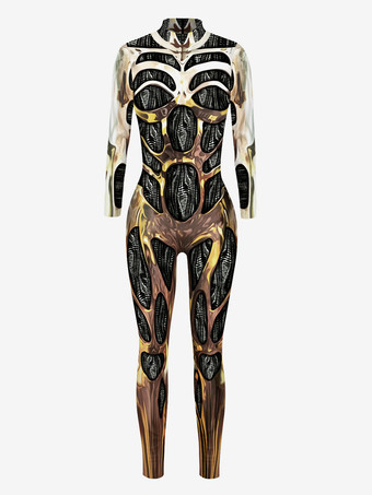 ゴールド メンズ サイバーパンク ロボット イリュージョンプリント メタリック ヴェネツィア カーニバル スキンスーツ