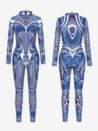 ブルー メンズ サイバーパンク ロボット イリュージョンプリント メタリック ヴェネツィア カーニバル スキンスーツ