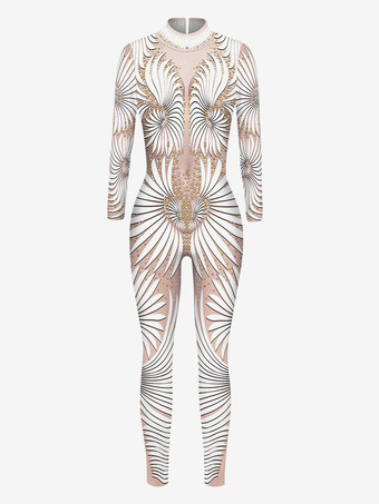 ホワイト メンズ サイバーパンク ロボット イリュージョンプリント メタリック ヴェネツィア カーニバル スキンスーツ