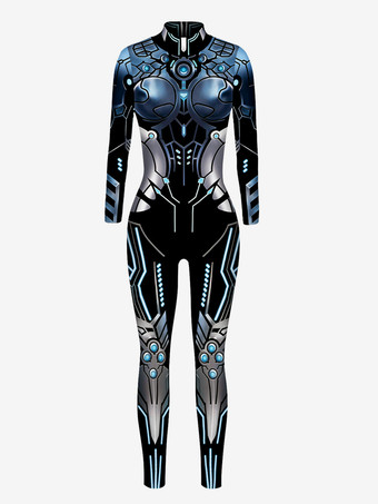 ライトスカイブルーメンズ サイバーパンク ロボット イリュージョンプリント メタリック ヴェネツィア カーニバル スキンスーツ