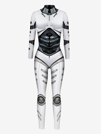カラーホワイトメンズ サイバーパンク ロボット イリュージョンプリント メタリック ヴェネツィア カーニバル スキンスーツ