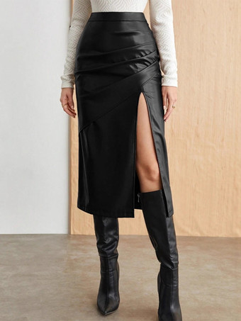 ブラック ルーシュハイスリットフェイクレザーミディスカート（レディース）2026