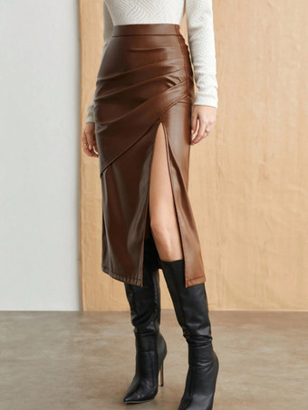 ルーシュハイスリットフェイクレザーミディスカート（レディース）2026