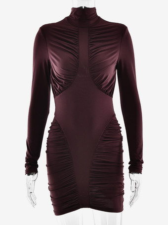 モダンなハイネックルーシュボディコンバックレスミニドレス（レディース 2026年）