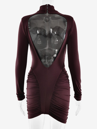 モダンなハイネックルーシュボディコンバックレスミニドレス（レディース 2026年）