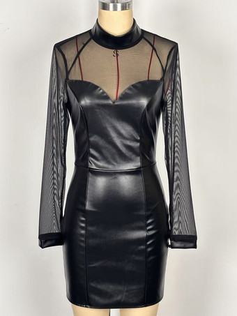 Mini abito aderente in similpelle con patchwork in rete nera per donna 2026
