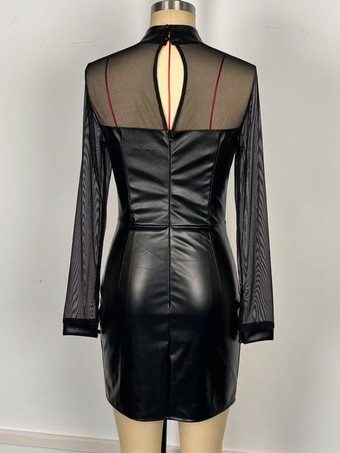 Mini abito aderente in similpelle con patchwork in rete nera per donna 2026
