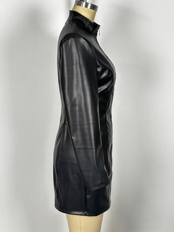 Mini abito sexy in similpelle con collo alto maniche lunghe e cerniera frontale per donna 2026