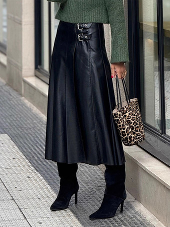 ブラック ダブルバックル付きブラックヴィンテージプリーツフェイクレザーミディスカート（レディース）2026
