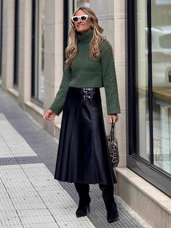 ダブルバックル付きブラックヴィンテージプリーツフェイクレザーミディスカート（レディース）2026