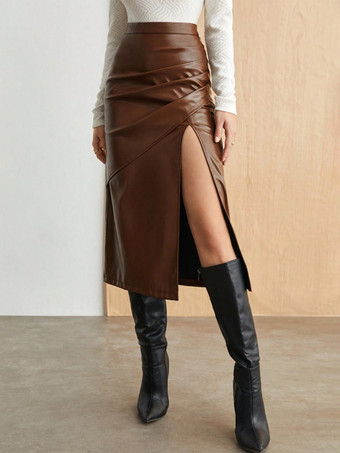 ブラウンルーシュハイスリットフェイクレザーミディスカート（レディース）2026