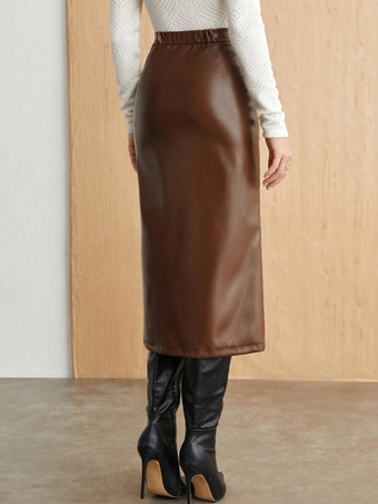 ルーシュハイスリットフェイクレザーミディスカート（レディース）2026