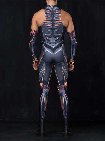 メンズ サイバーパンク ボディスーツ 錯覚 ロボットプリント メタリック キャットスーツ