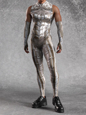 シルバー メンズ サイバーパンク ボディスーツ 錯覚 ロボットプリント メタリック キャットスーツ